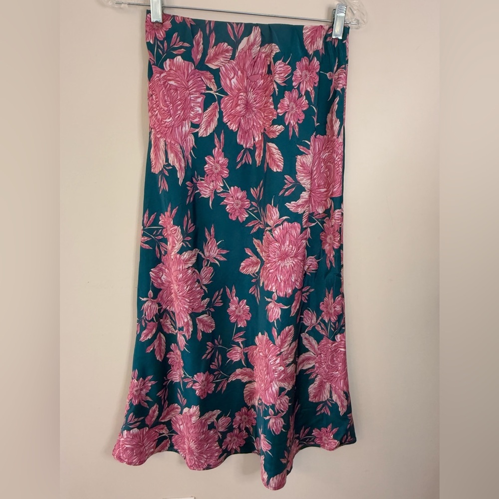 Floral Midi Skirt in Teal with Pink Bloom